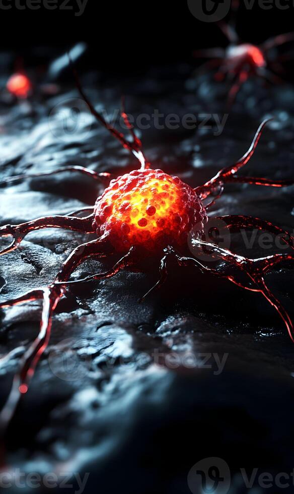 Dramatic depiction of microscopic cellular structures showcasing intricate biological processes photo