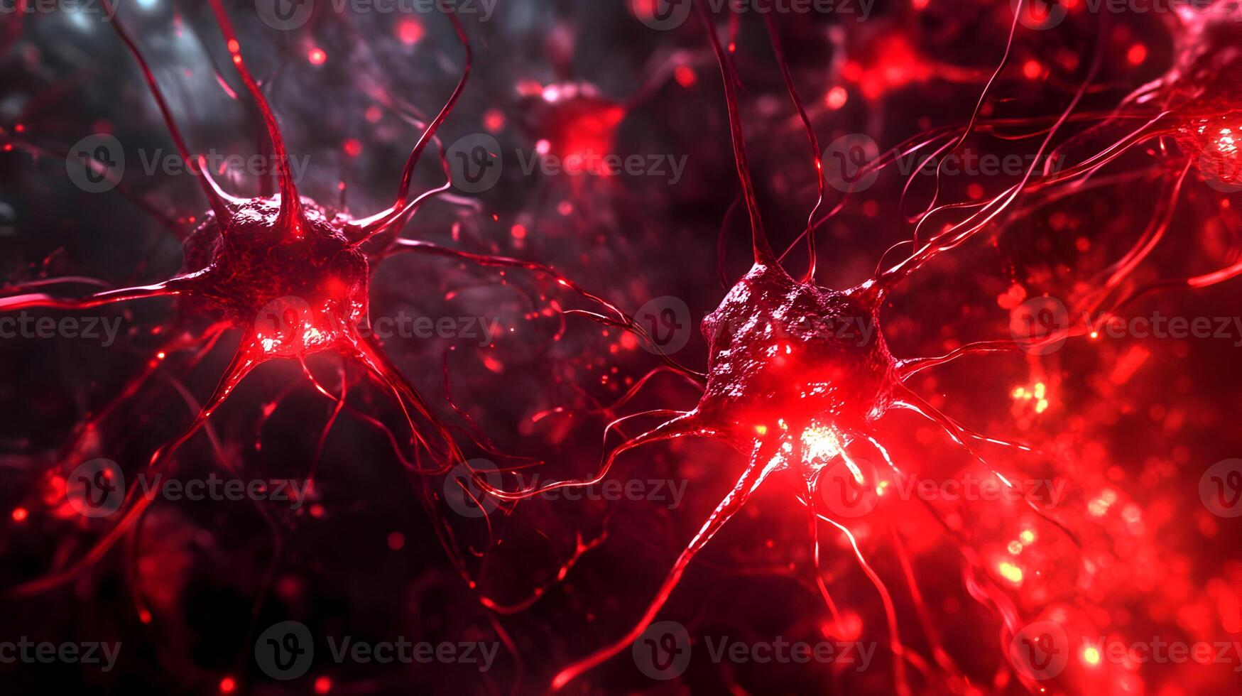 Microscopic representation displaying vibrant red cancer cells with radiating tendrils concept photo