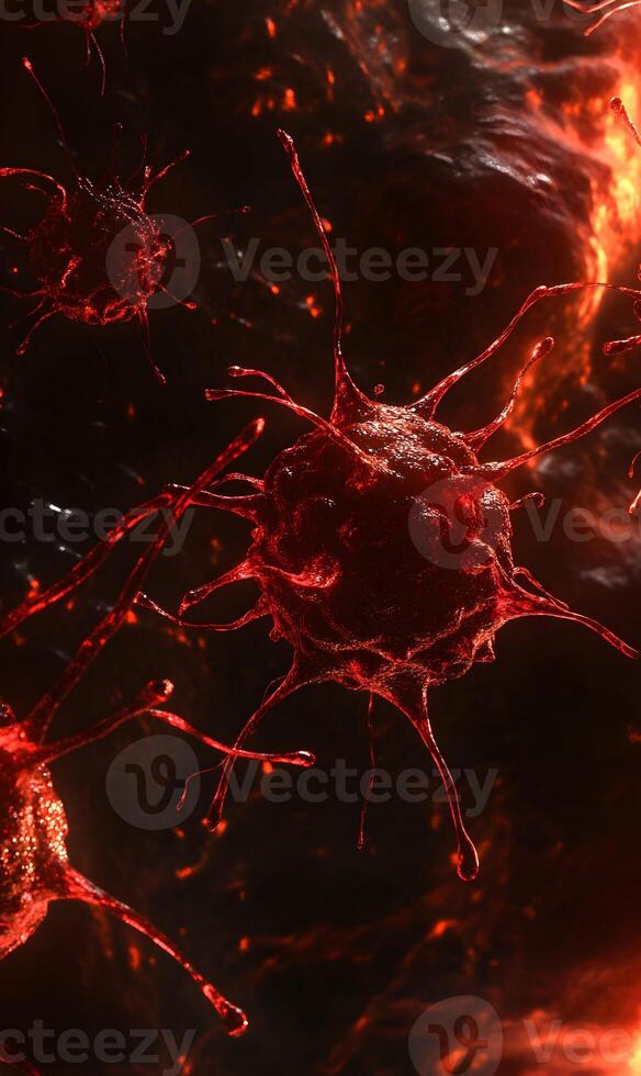 Detailed microscopic visualization revealing complex structures of invasive red cancer cells photo