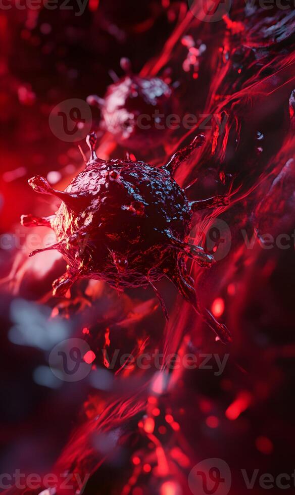Detailed microscopic view of cancer cells, showcasing their complex structure and form photo