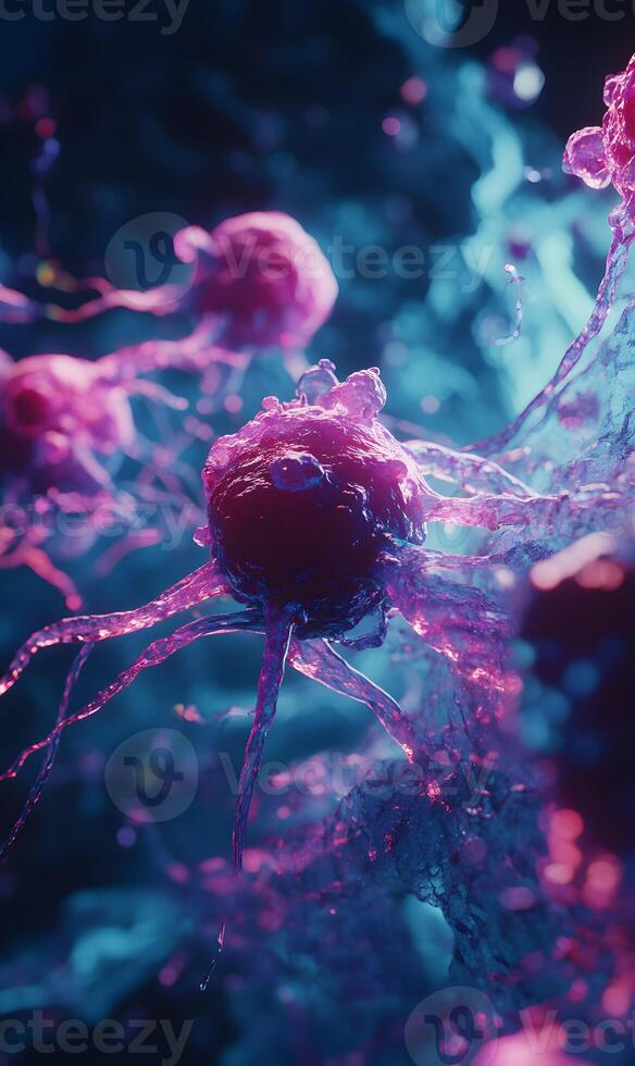 Detailed microscopic view exhibiting structure, and arrangement of cancer cell colonies within a sample photo
