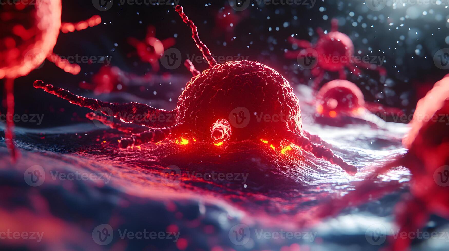 Detailed microscopic render of aggressive cancer cells, representing medical visualization research photo