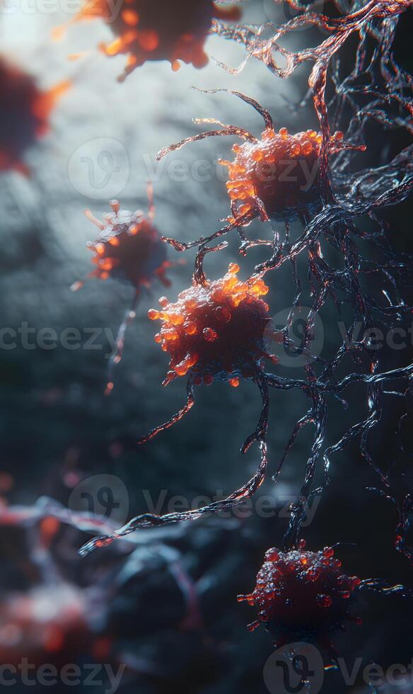Detailed conceptual visualization presents cancer cells linked by a network of veins photo