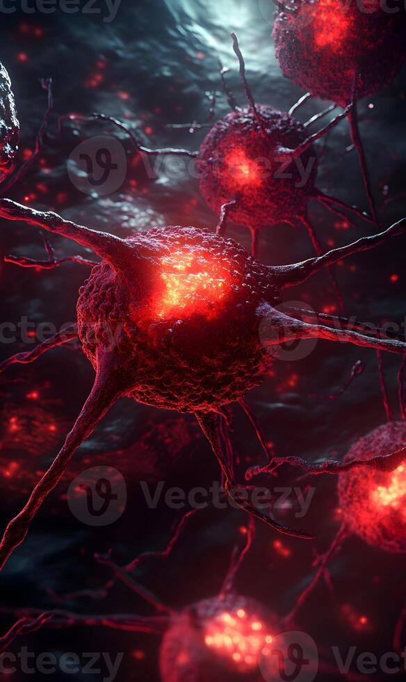 Detailed microscopic view showcasing glowing red cancer cells with intricate branch-like structures photo
