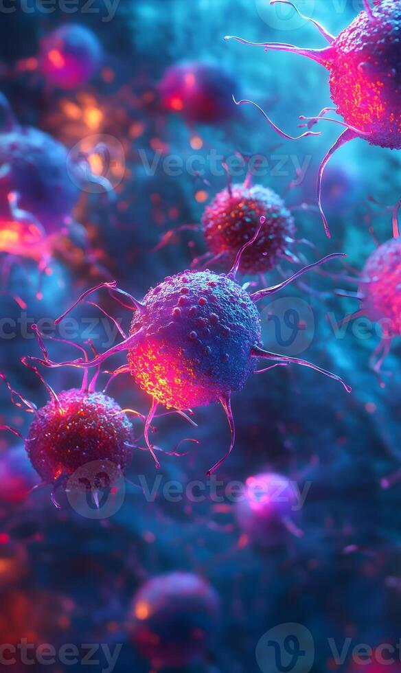 Abstract cancer cell structures highlighted with vibrant pink and blue luminescence photo