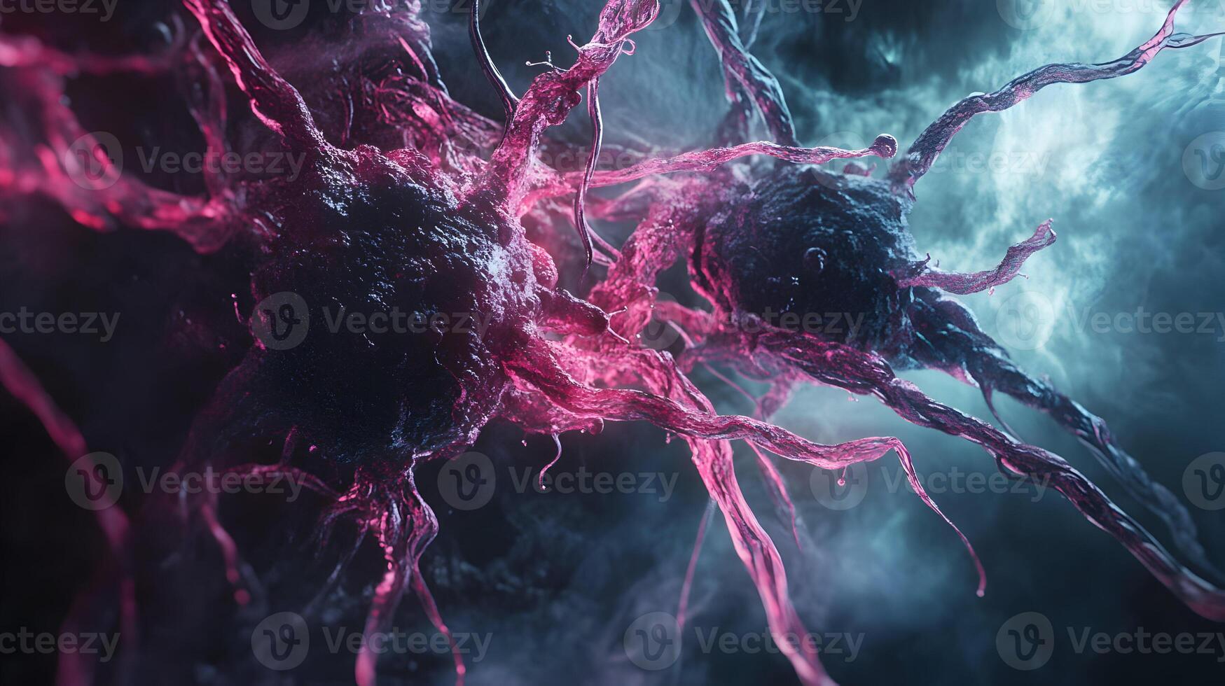 Intricate depiction showcases malignant cancer cells expanding across a blurred background photo