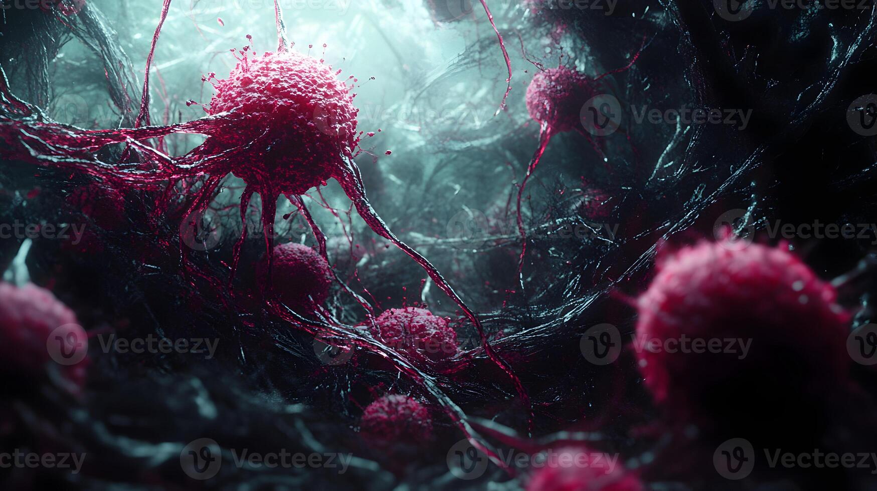 Artistic microscopic render showcases abnormal cellular formations within a biological structure photo