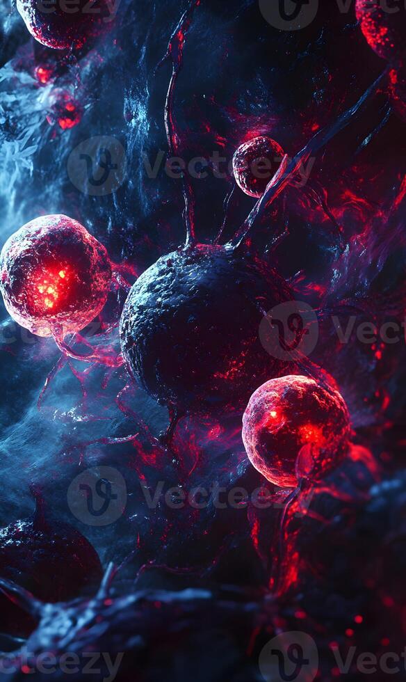 Microscopic vision of cancer cells displaying cellular structure and bioluminescent intensity photo