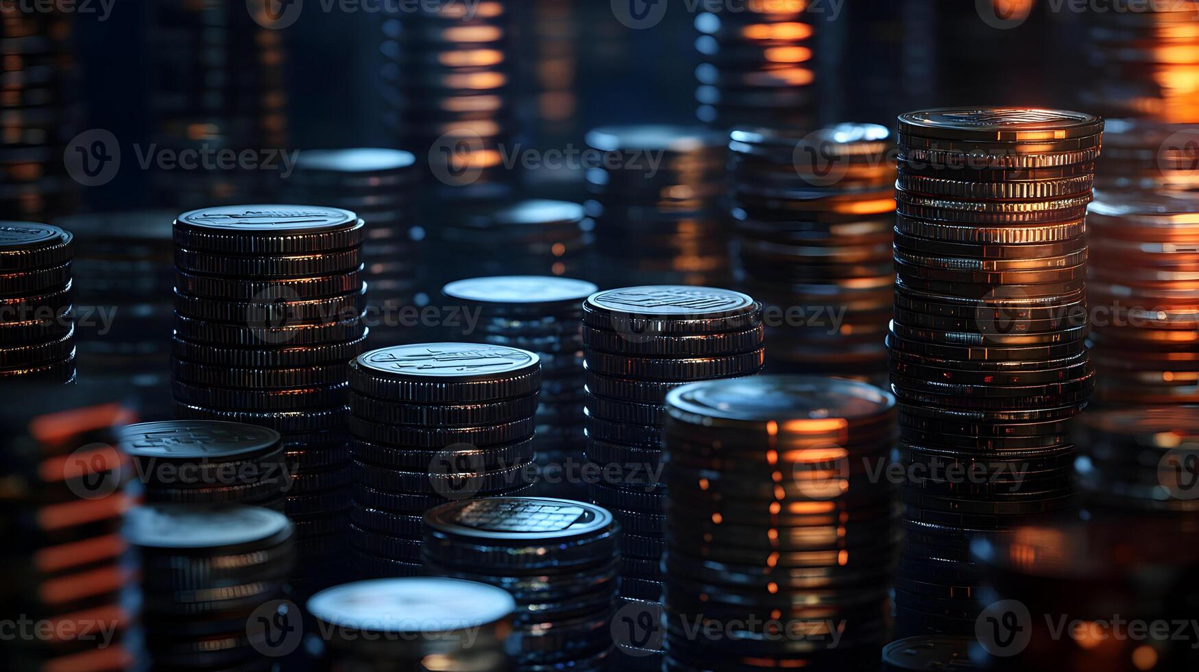 Accumulation of Wealth Multiple Metal Coins Stacked Neatly in Varying Heights and Subtle Lighting photo
