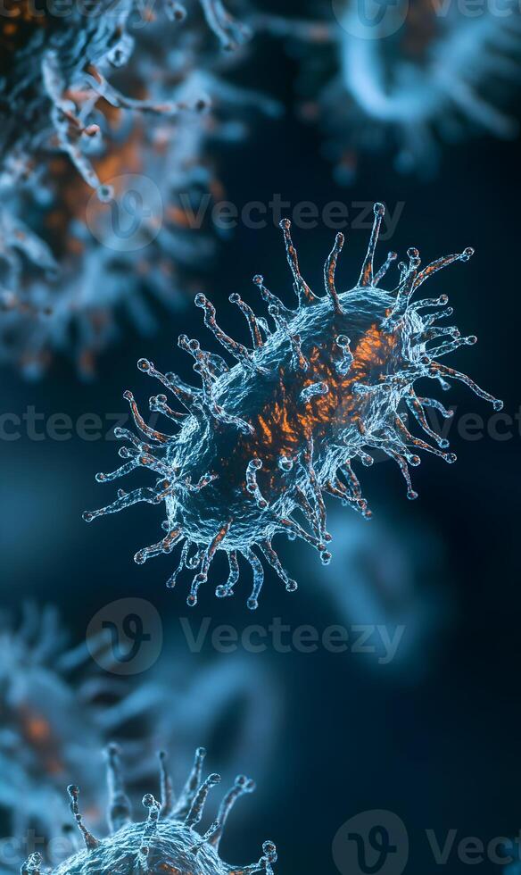 Detailed microscopic depiction showcases vibrant alien-like bacteria with intricate tentacle structures photo