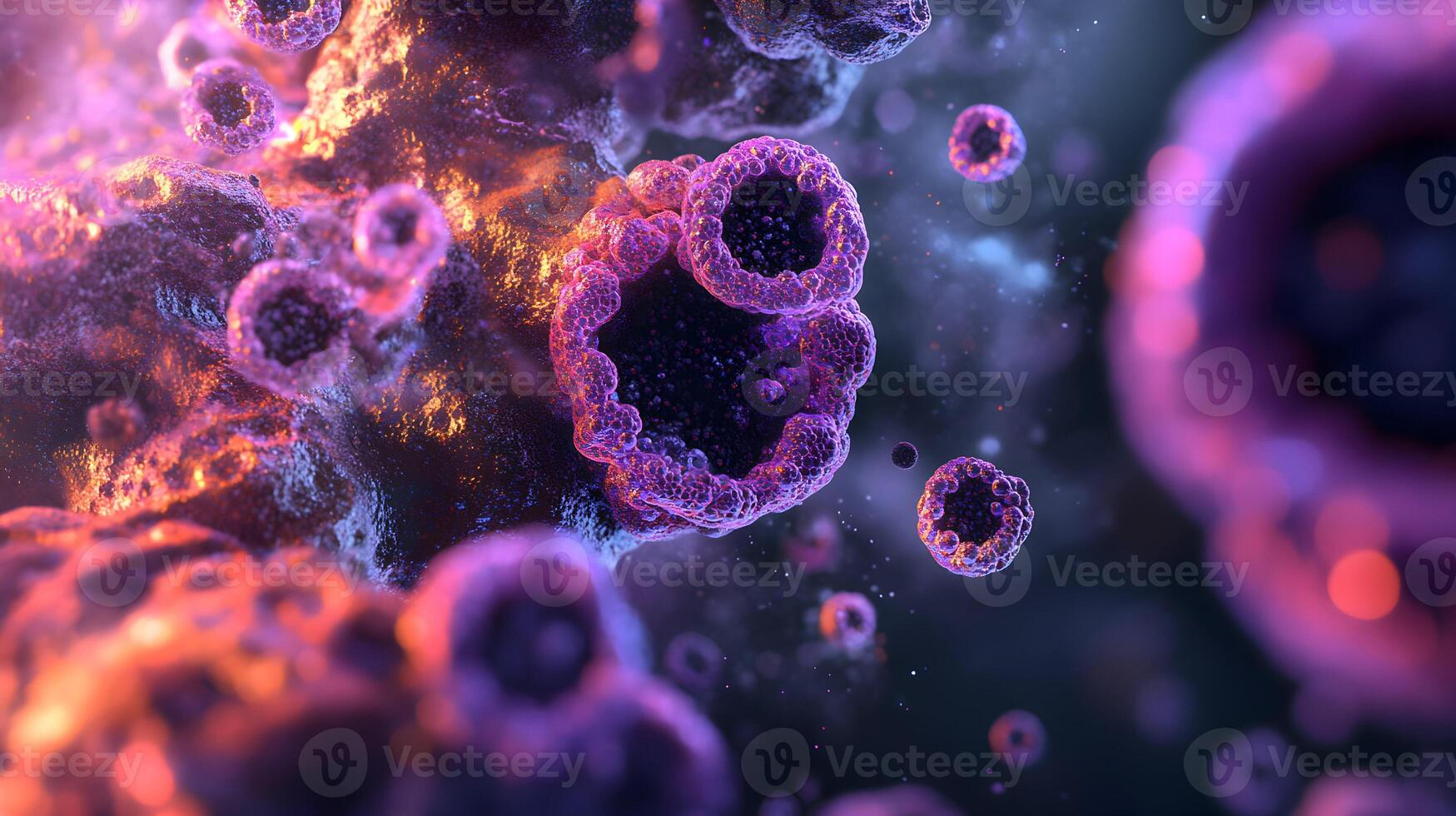 Intricate abstract cellular forms, vibrant colors, and complex structures under magnification photo