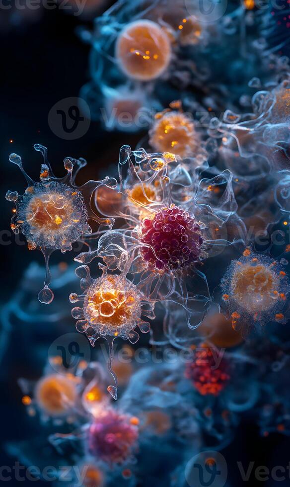 Intricate microscopic depiction of organic cell structures with luminous ethereal elements photo