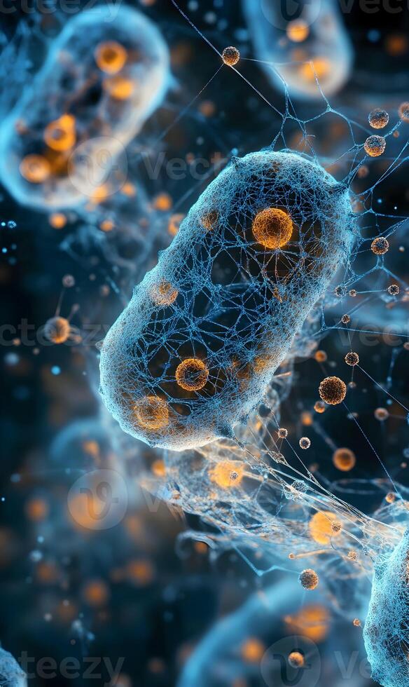 Intricate microbial architecture an abstract visualization of cellular complexity and interconnection photo