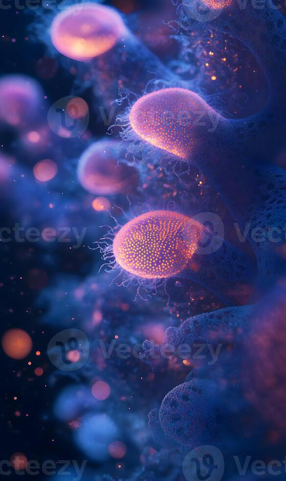 Abstract vision of microscopic organisms with complex glowing and detailed structures photo