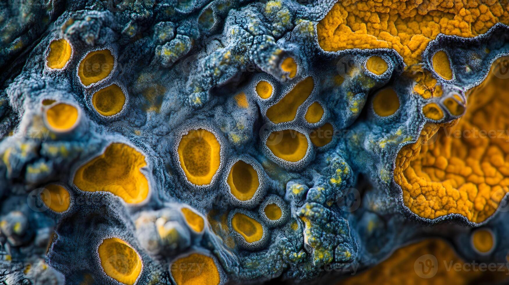 High-resolution close-up featuring alien-like bacteria with intricate textures and vibrant colors. photo