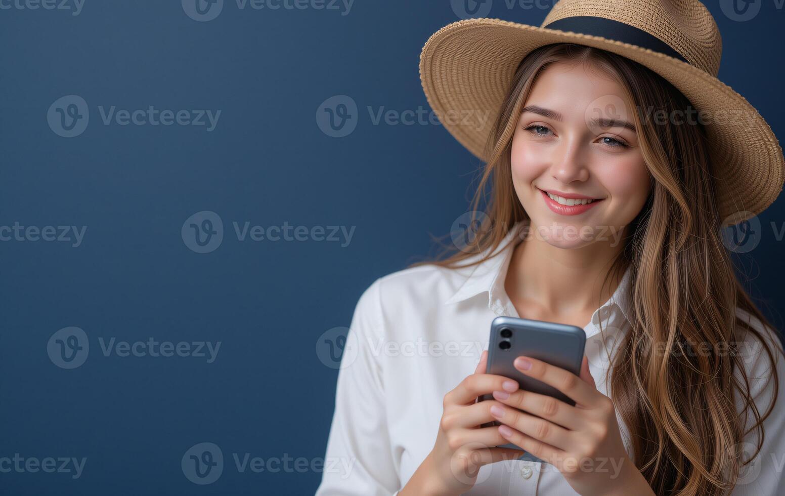 A woman in a hat holding a smart phone photo