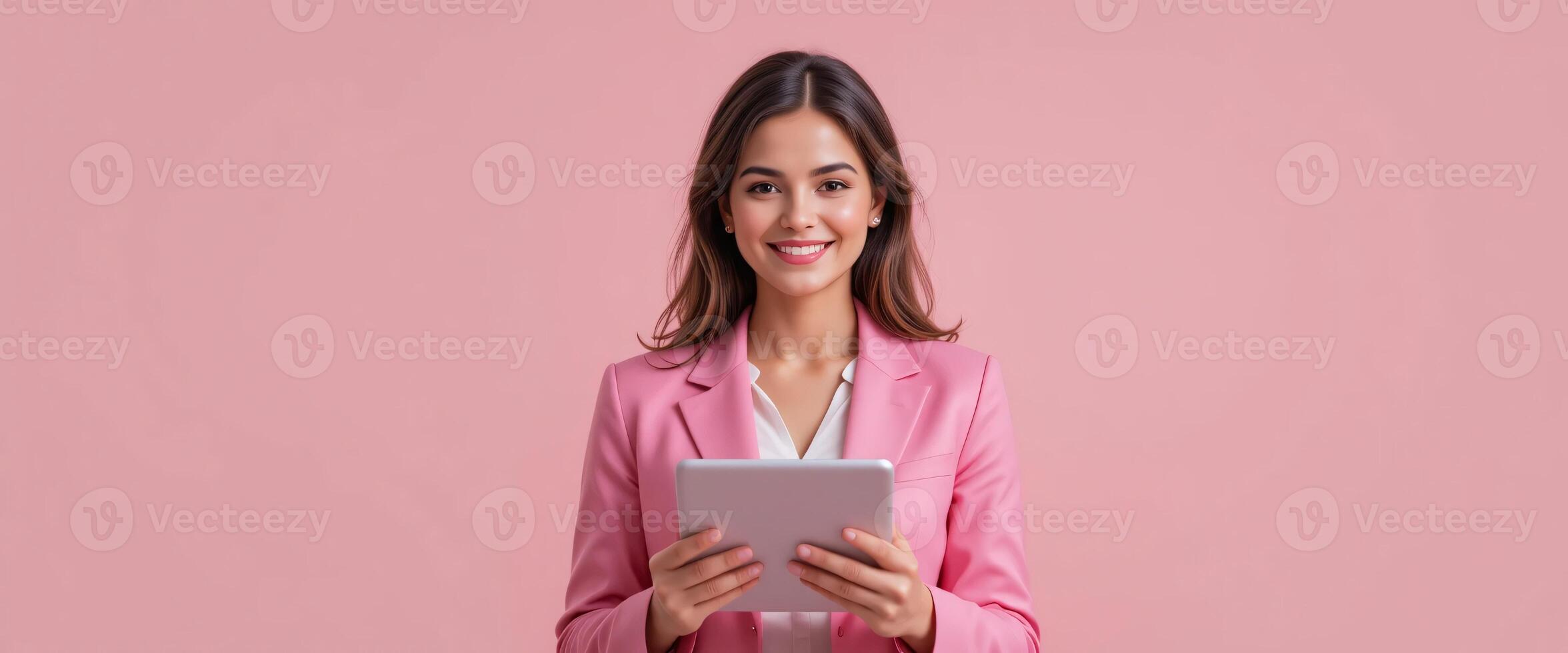A woman in a pink suit holding a tablet computer photo