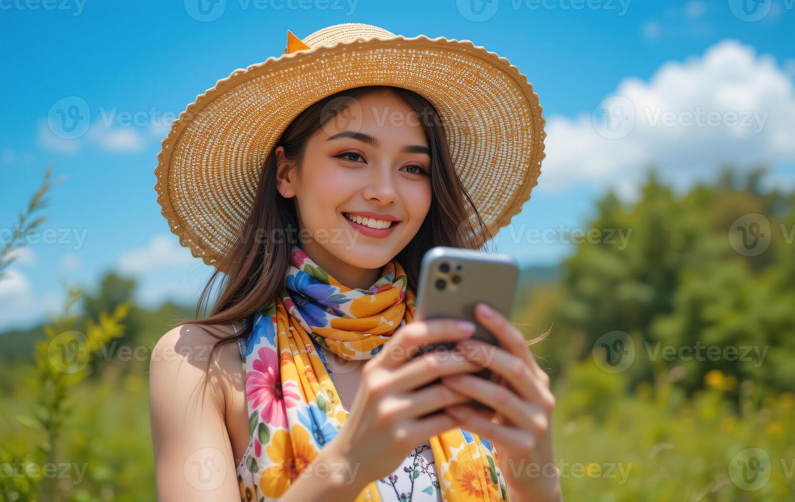 A woman in a hat and scarf is holding a cell phone photo