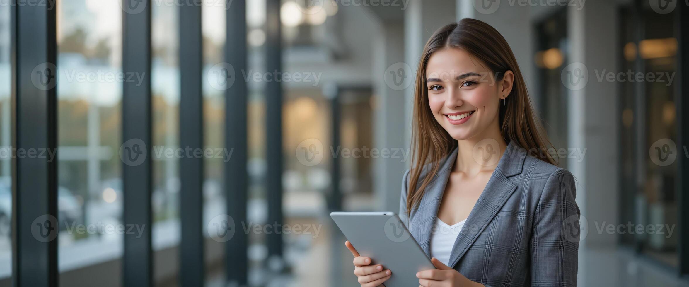 A woman in a business suit holding a tablet photo