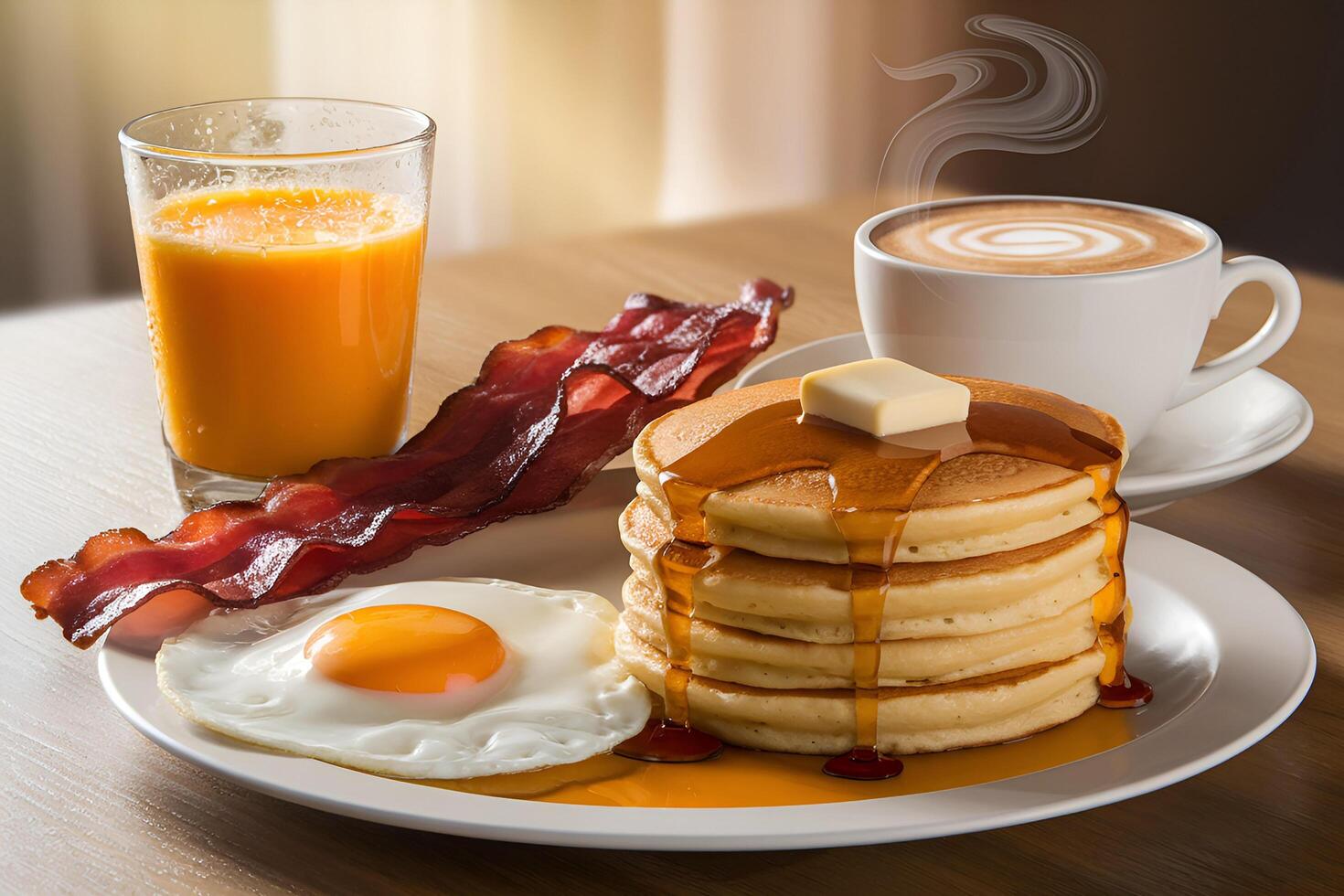 Delicious Breakfast Platter with Pancakes, Bacon, Eggs, and Orange Juice photo