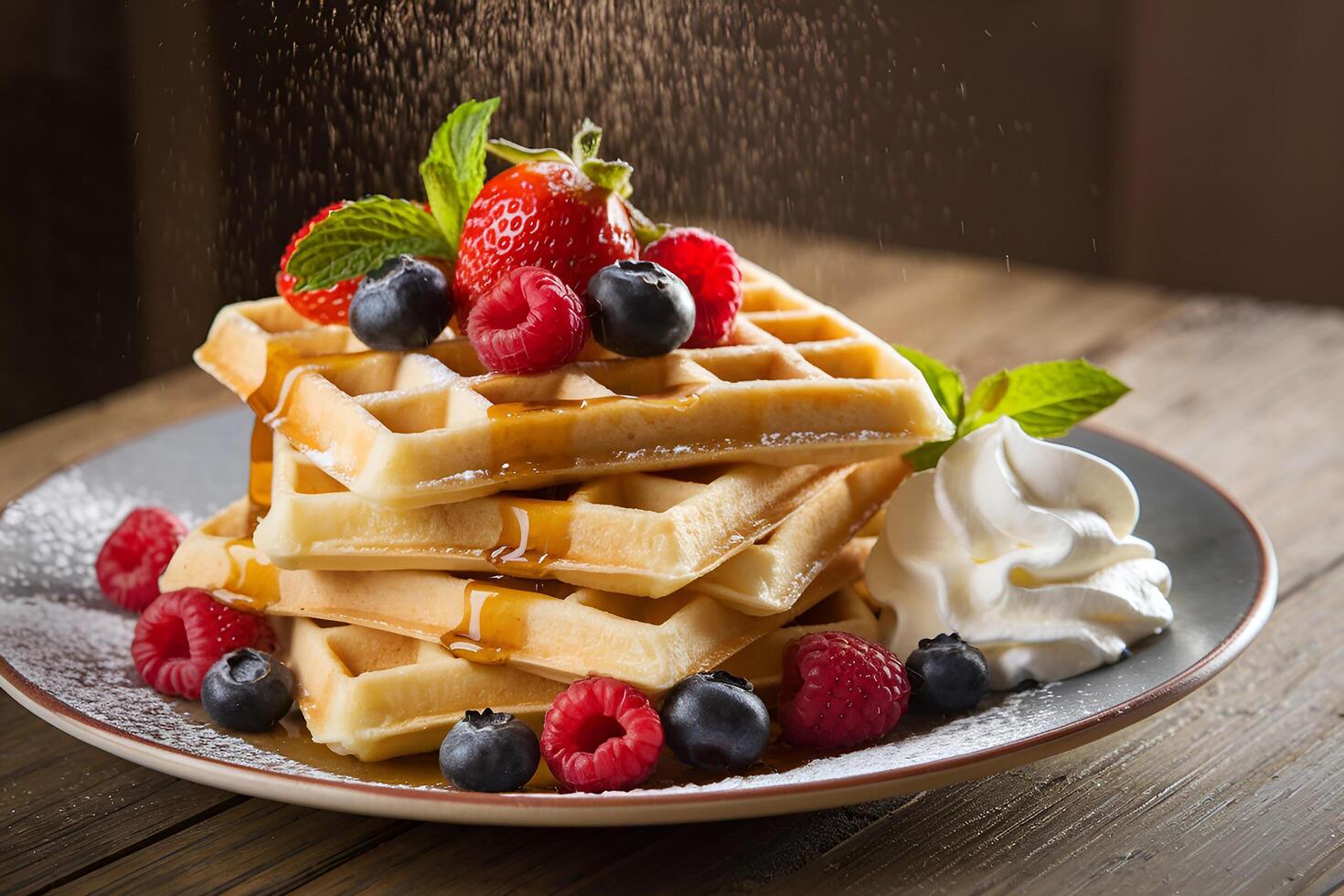 Delicious Stack of Waffles with Berries and Whipped Cream photo