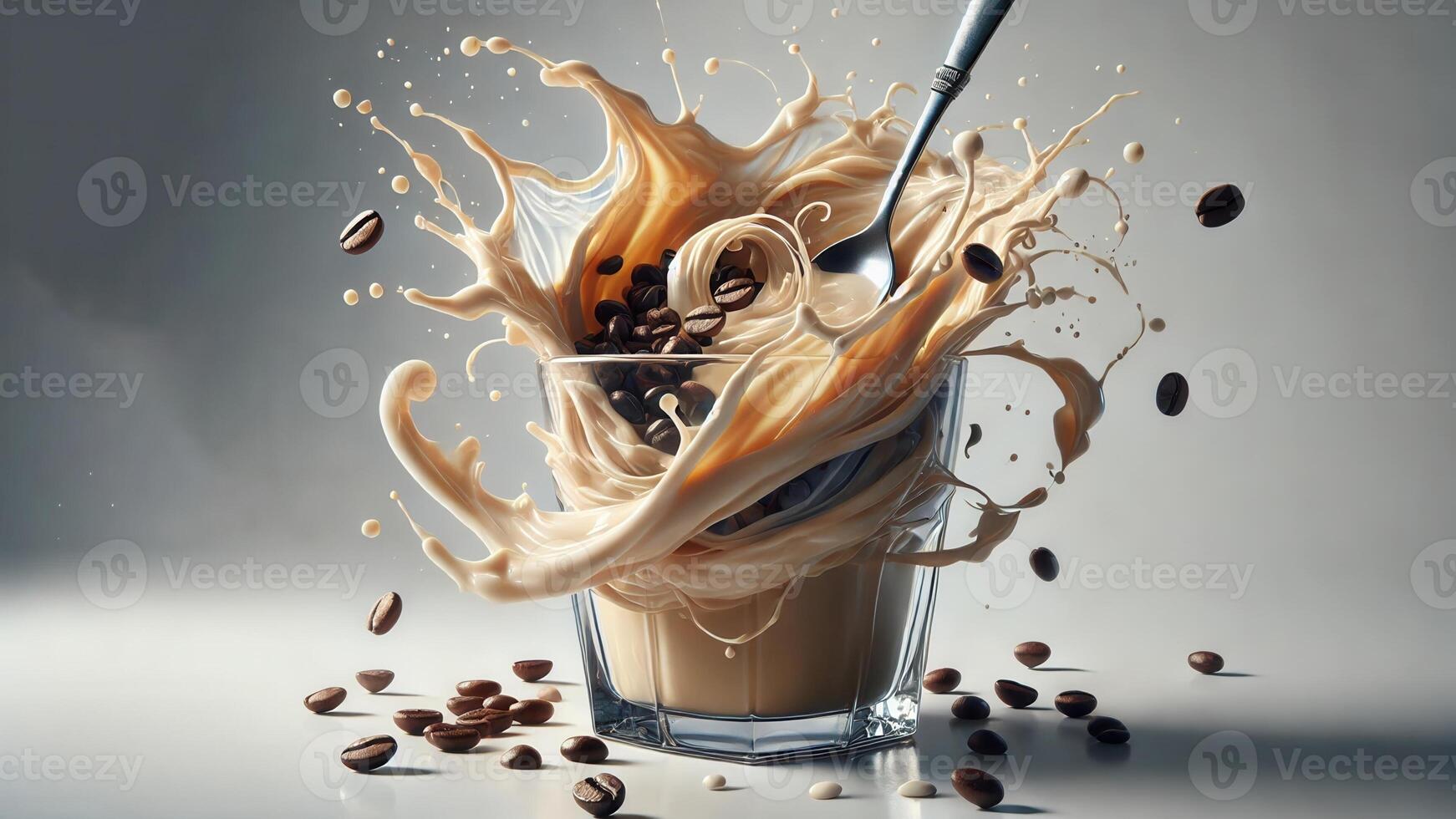 4K Mixture of Coffee and Milk Ripples and Splashes on Top of The Cup, Surrounded By Coffee Beans, on White Background, Widescreen 4K Resolution photo