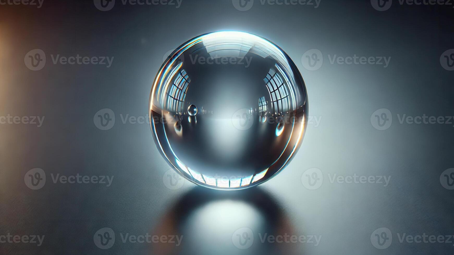 Realistic 3D Rendered Crystal Clear Glass Sphere Reflective, Perfectly Smooth and Transparent, Widescreen 4K Resolution photo