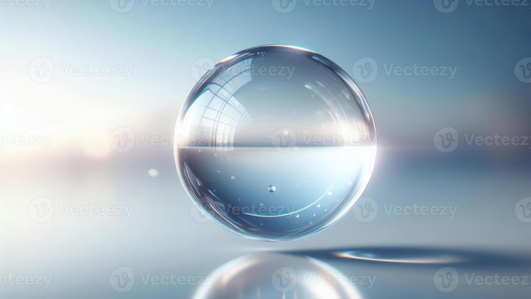4K Realistic 3D Rendered Clear Glass Sphere, Reflective and Transparent, Floating in The Air, Widescreen 4K Resolution photo