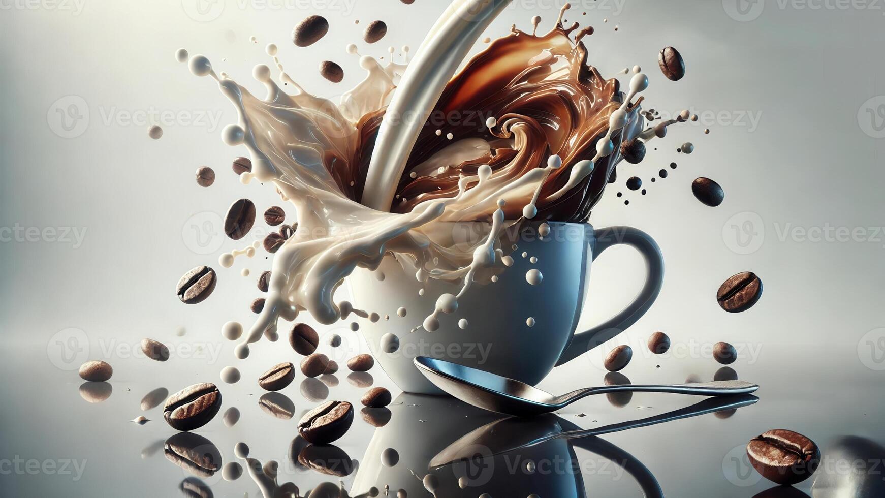 4K Mixture of Coffee and Milk Ripples and Splashes on Top of The Cup, on White Background, Widescreen photo