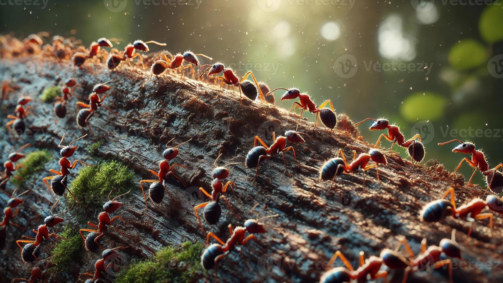 4K Ants Marching on A Log in A Forest, Widescreen 4K Resolution photo