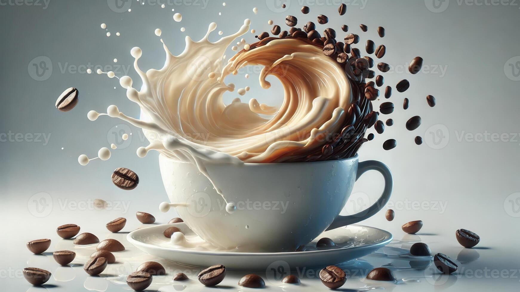 4K Mixture of Coffee and Milk Splashes on Top of The Cup, on White Background, Widescreen 4K Resolution photo