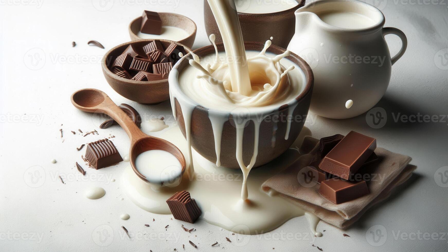 4K Milk Splash in A Mug, Surrounded By Chocolate, on White Background, Widescreen photo