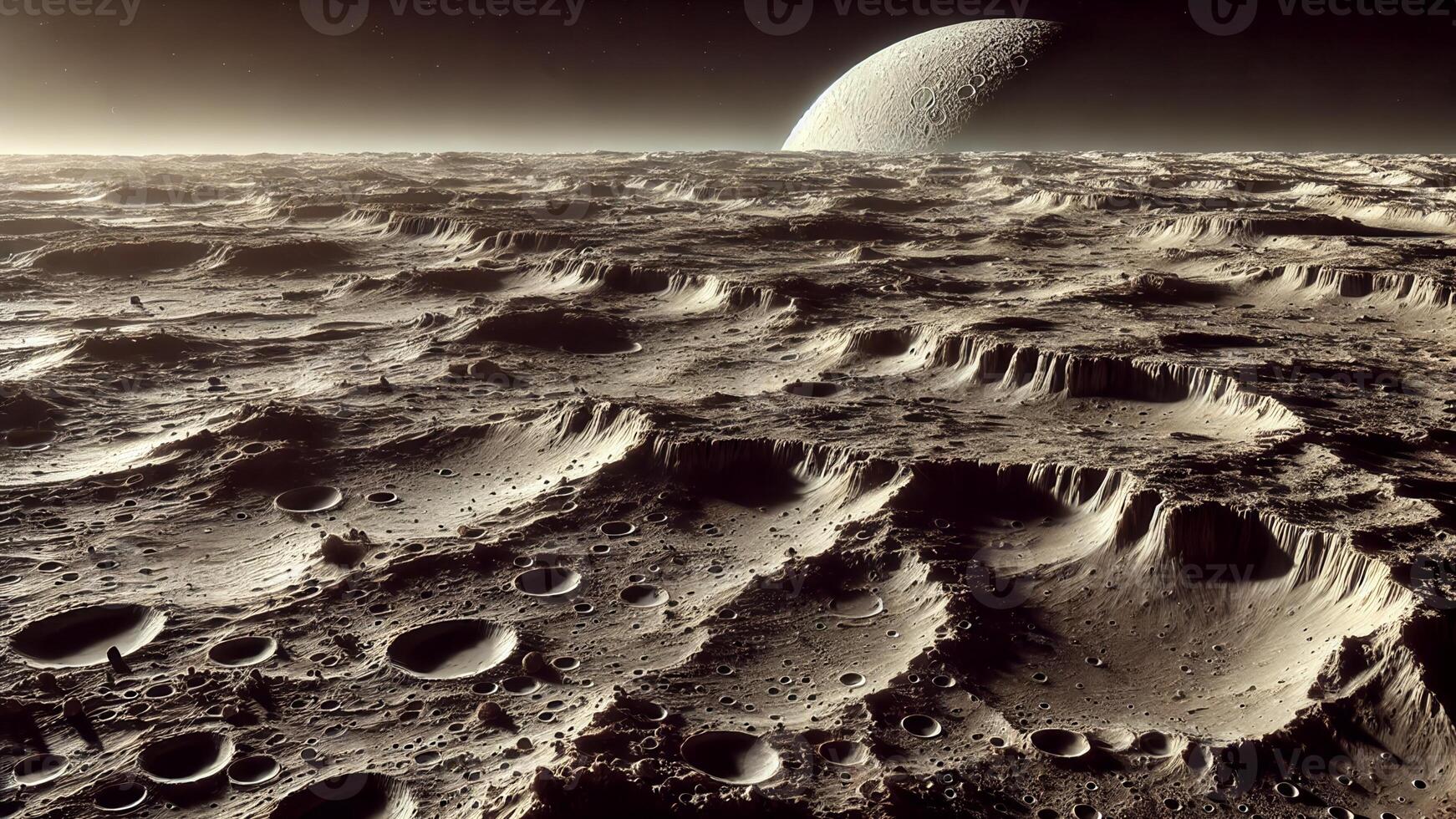4K Realistic View of The Surface of Mercury, Rocky Landscape Fine Dust and Impact Craters, Widescreen 4K Resolution photo