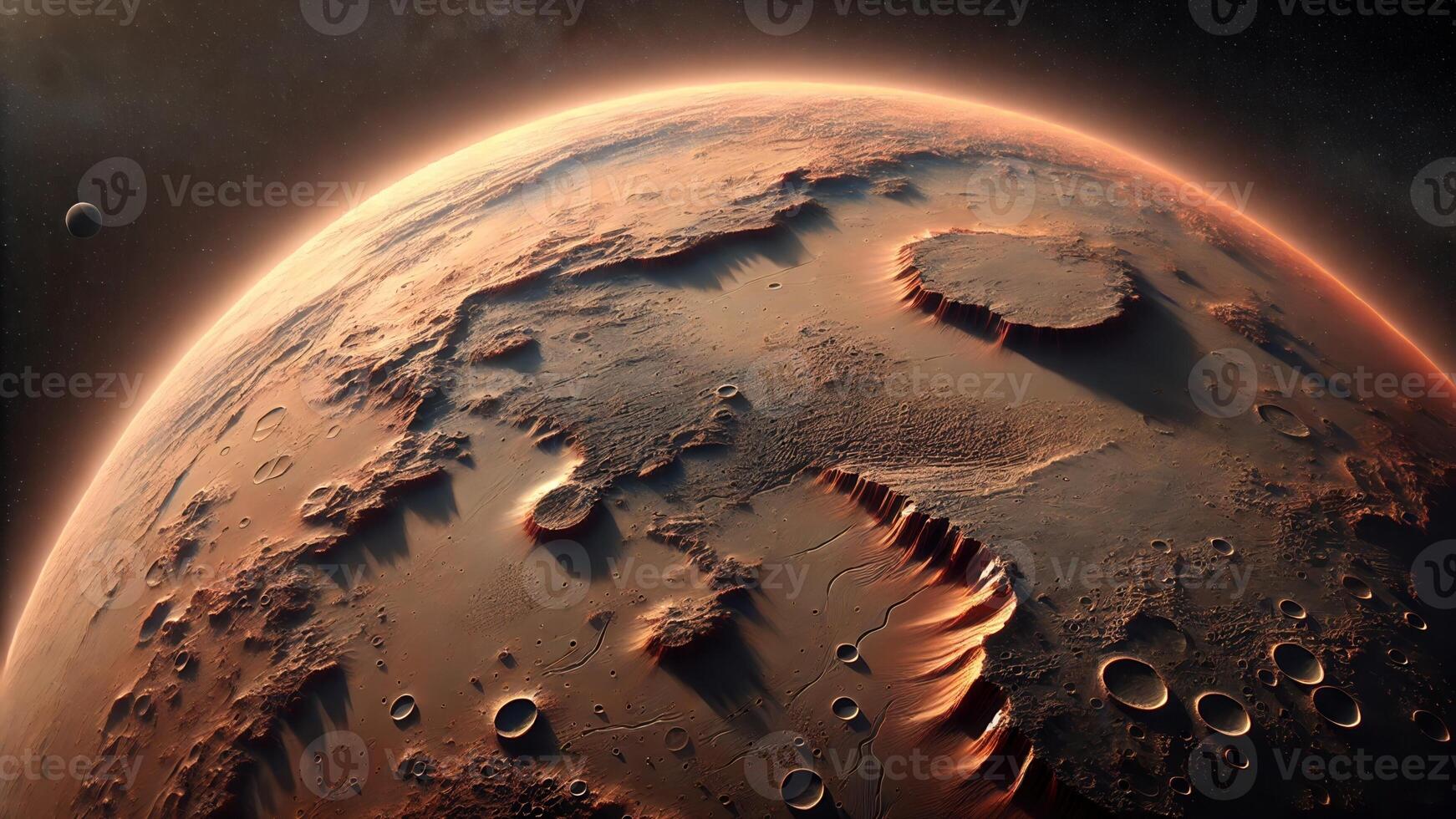4K Realistic High Altitude View of The Martian Surface, Showing The Mars Planet Curvature, From This Elevated Perspective, Widescreen 4K Resolution photo