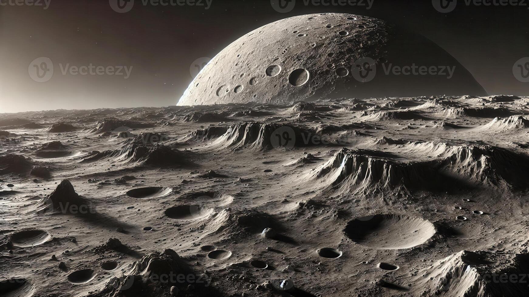 4K Realistic View of The Surface of Mercury, Rocky Landscape Is Covered in Dust and Impact Craters, Widescreen 4K Resolution photo