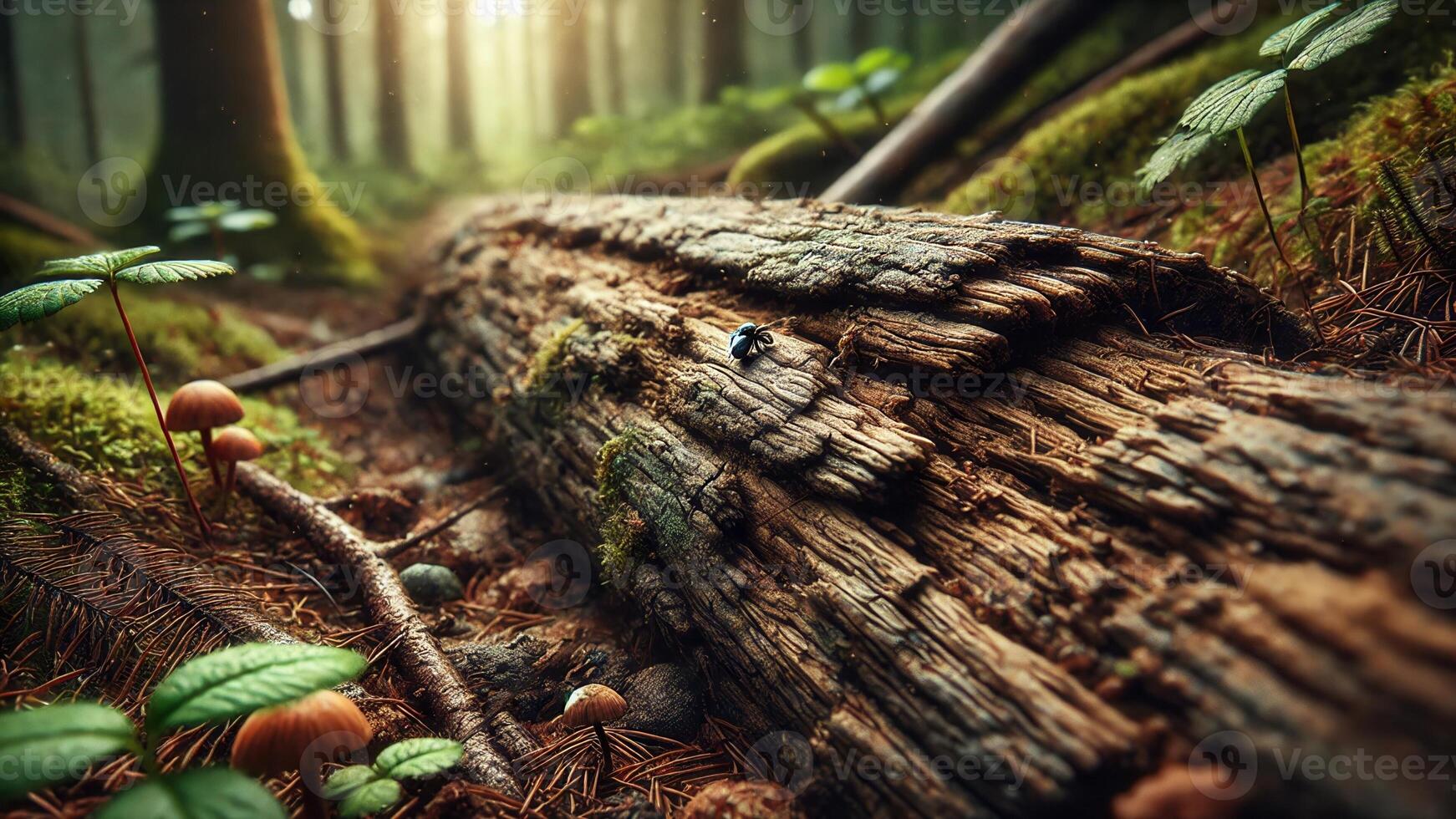 4K Realistic Macro Photograph Focusing on a Fallen Tree, Dead Tree Trunk Lying on The Forest Floor. The Bark Is Cracked and Weathered, Widescreen 4K Resolution photo
