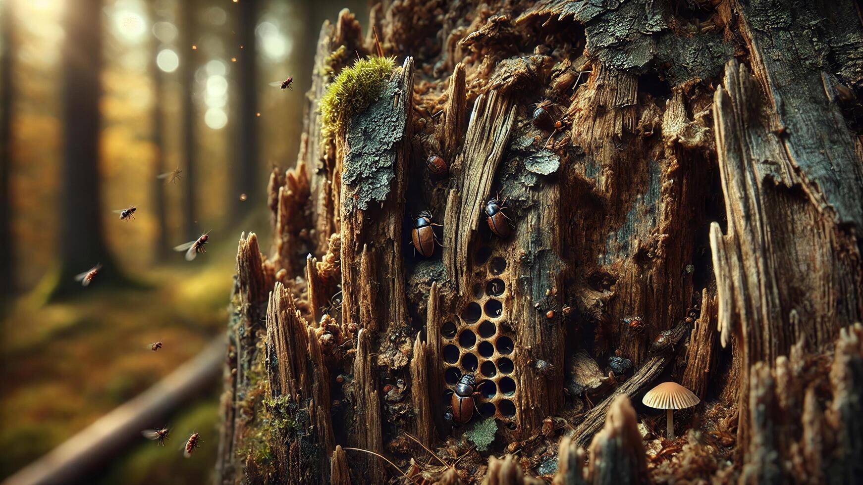 4K Realistic Macro Photograph Focusing on The Textured Bark of an Old, Dead Tree. The Bark Is Cracked and Weathered, Widescreen 4K Resolution photo