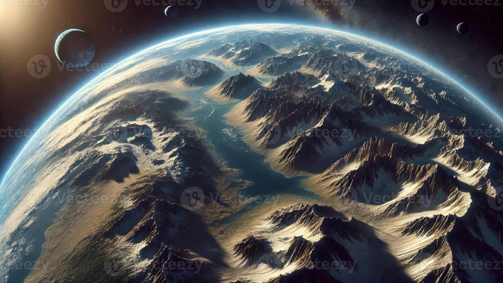 4K Realistic 3D Rendering of an Earth with Exaggerated Topography, Where Massive Mountains and Geological Features Extend, Widescreen 4K Resolution photo