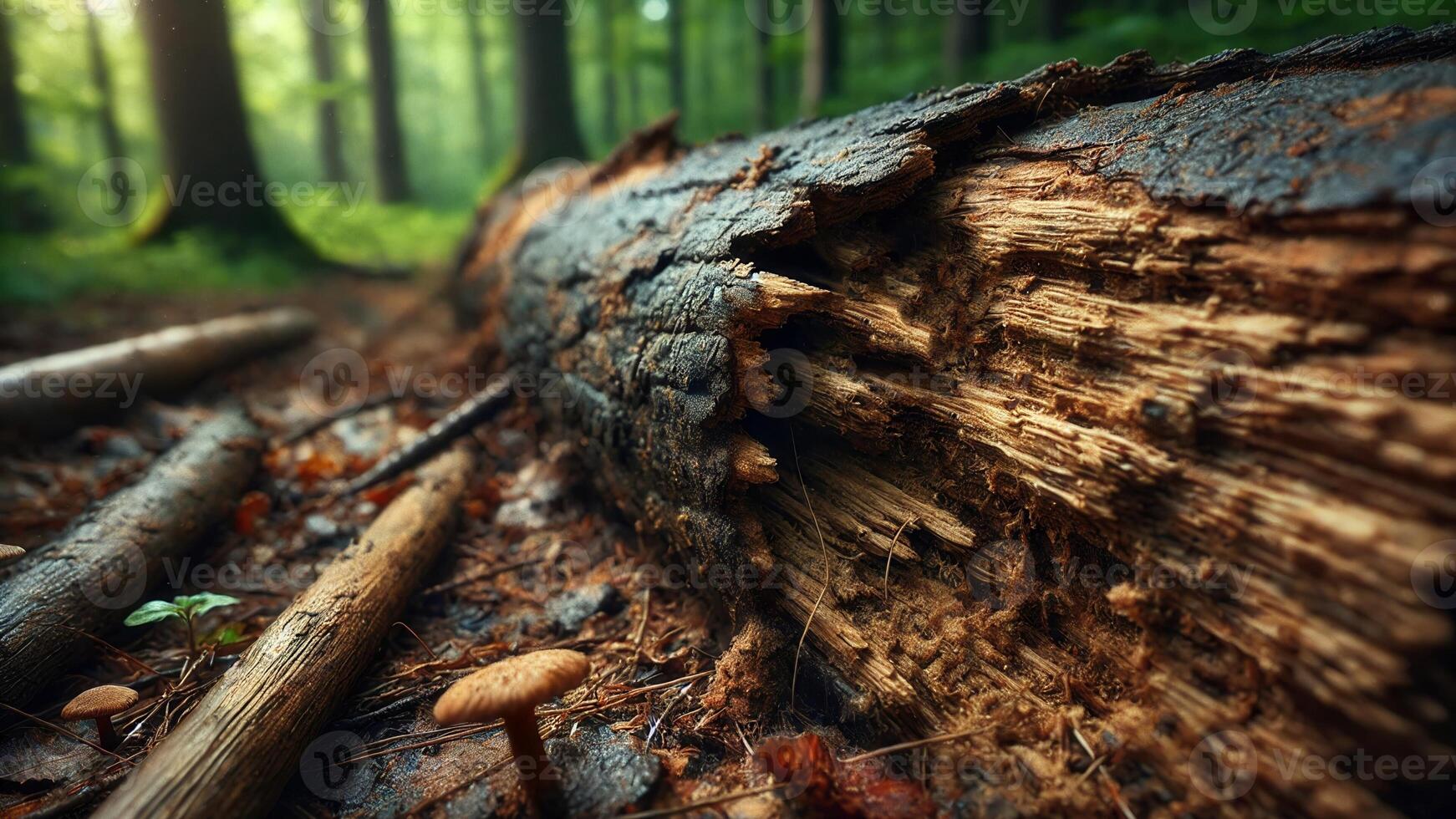 4K Realistic Macro Photograph Focusing on Fallen, Dead Tree Trunk Lying on The Forest Floor. The Bark Is Cracked and Weathered, Widescreen 4K Resolution photo