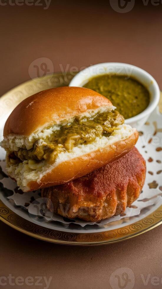 A sandwich with a side of sauce on a plate photo