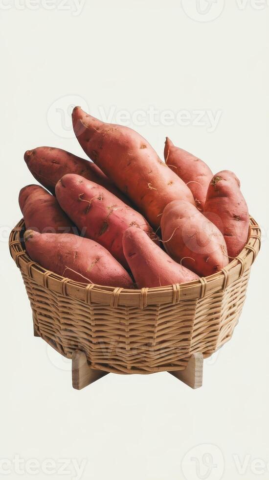 dulce patatas en un cesta en un blanco antecedentes foto