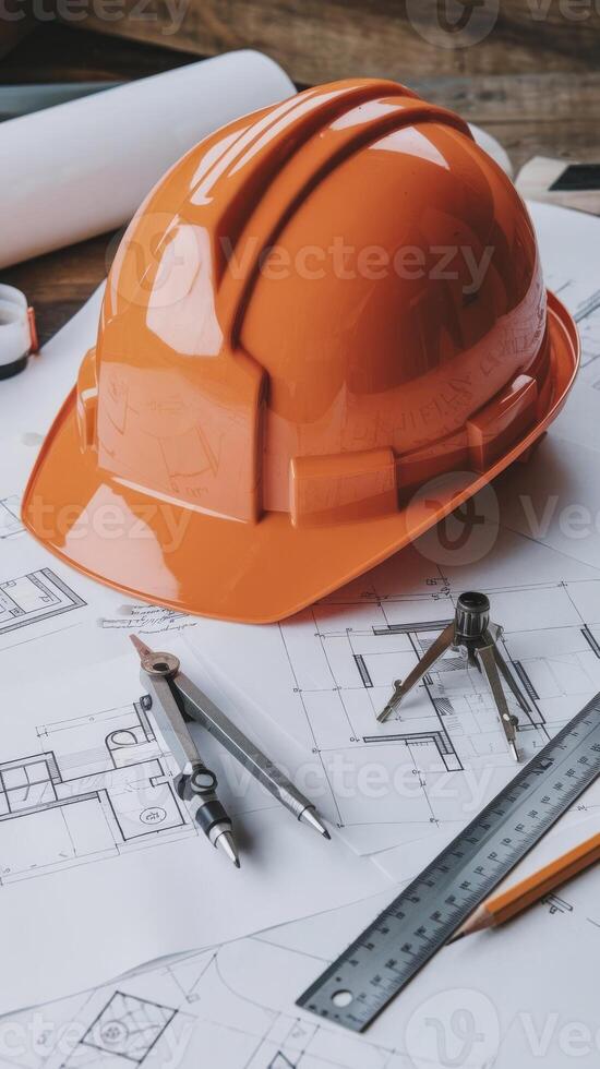 A hard hat and other construction tools on top of blueprints photo