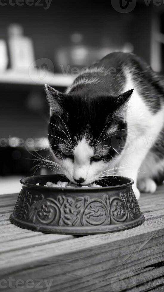 A cat eating out of a bowl photo