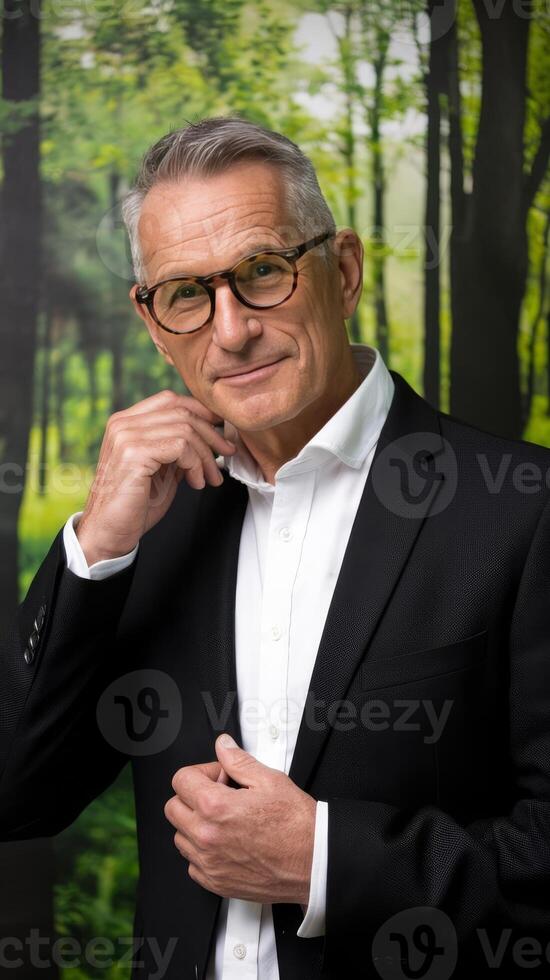 A man in a suit and glasses standing in front of a green background photo