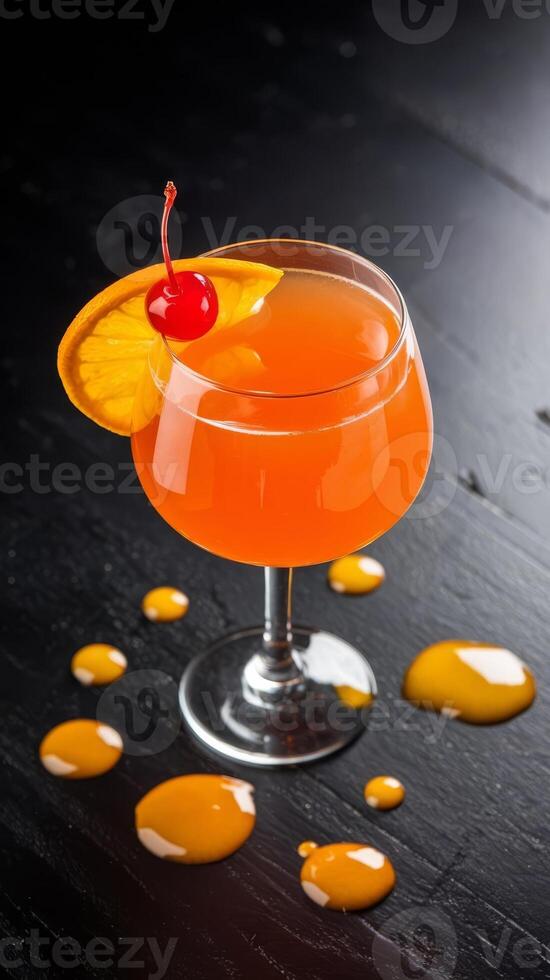 A cocktail with orange juice and a cherry on top photo