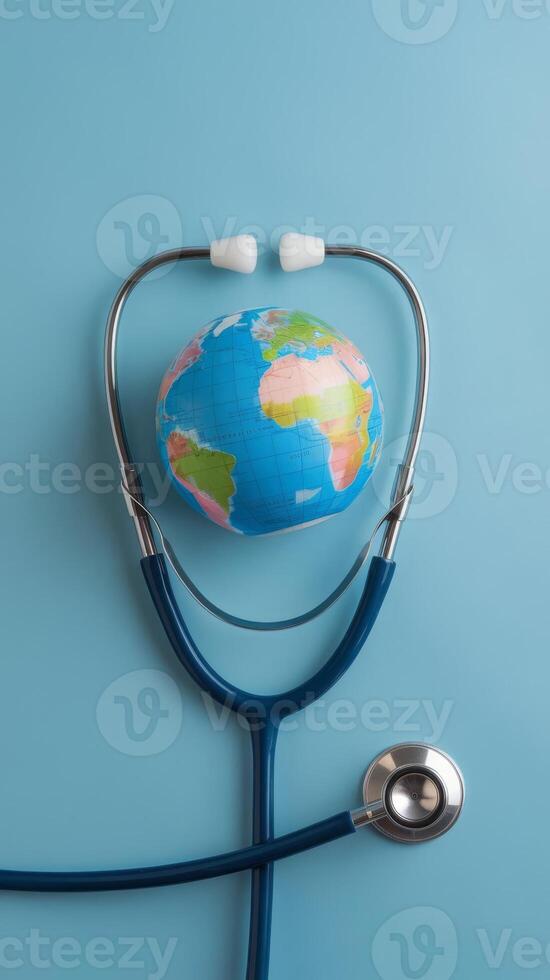 World health day concept with globe and stethoscope on blue background photo