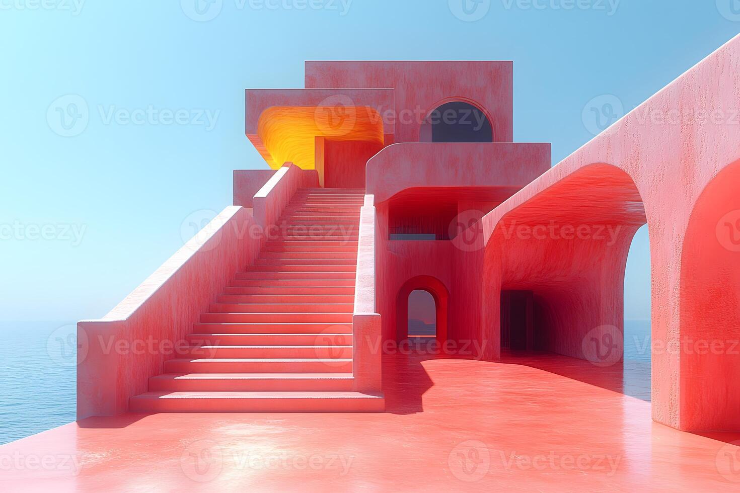 Modern Pink Architecture by the Sea - Vibrant Abstract Design for Prints and Posters photo