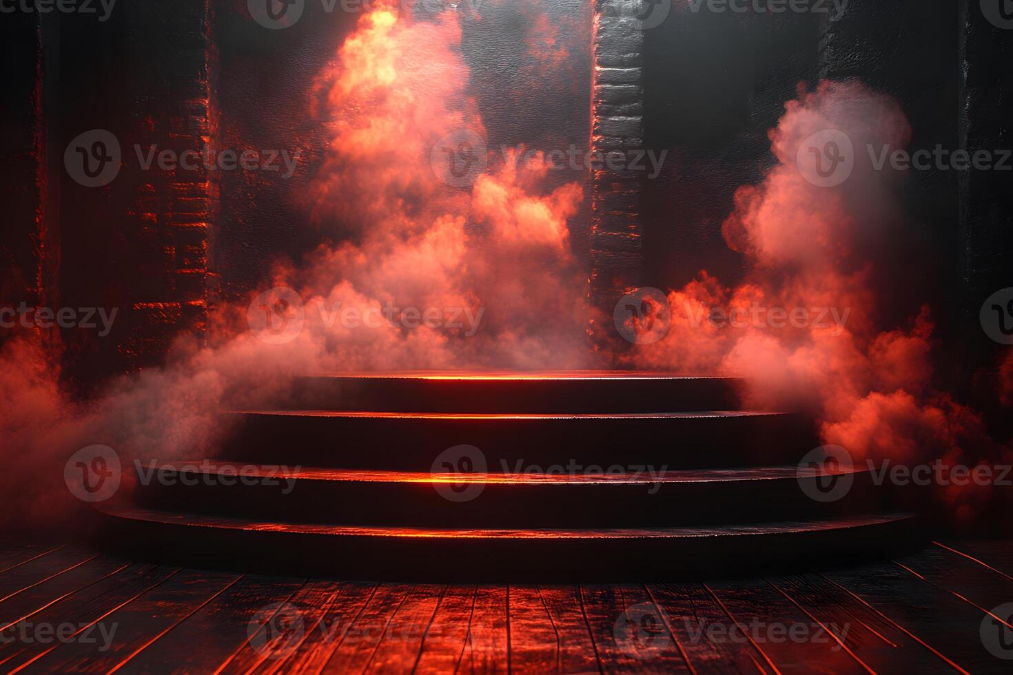 Mysterious Red Smoke on Dimly Lit Stairs for Dramatic Background Design photo