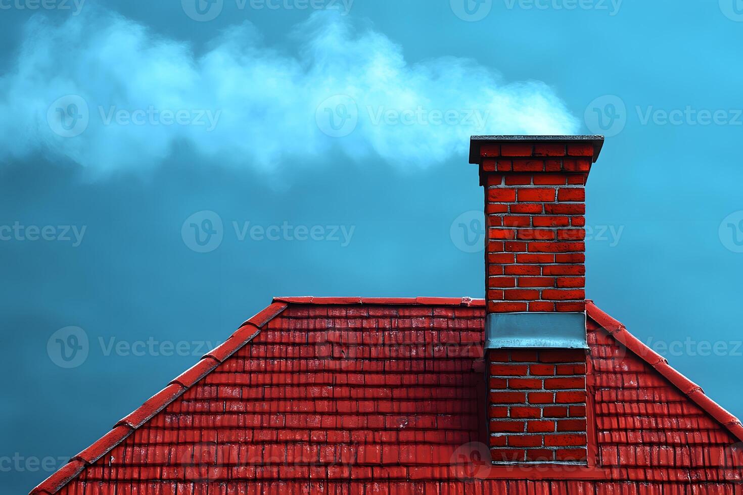 Chimney on Red Tile Roof with Smoke Against a Blue Sky for Home Heating Concepts photo