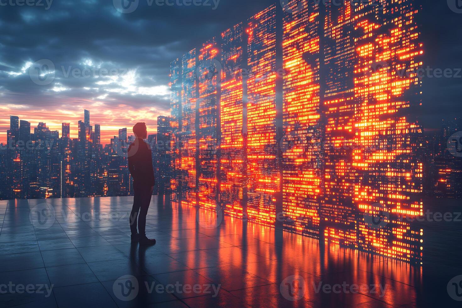 Futuristic Cityscape at Sunset with Silhouette and Illuminated Digital Screen for Technology Concept photo